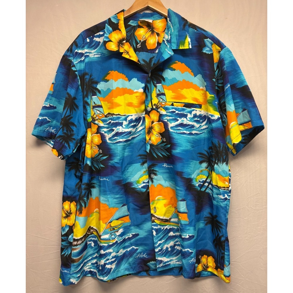 Kalena Fashions Of Hawaii ‎ Button-Up Shirt Mens Blue Floral Windsurfing 2XL